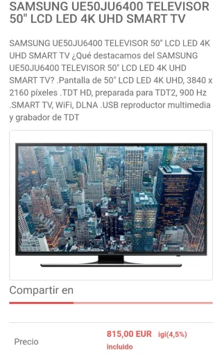 Samsung 50" 4K Smart TV Wifi Impecable.