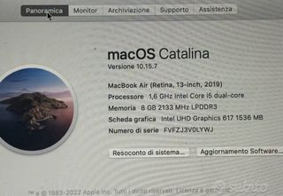 Macbook Air 2019 8GB RAM 128GB SSD Argento
