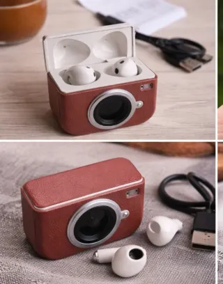 Auriculares Inalámbricos Estilo Cámara Marrón