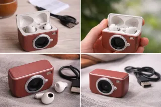 Auriculares Inalámbricos Estilo Cámara Marrón