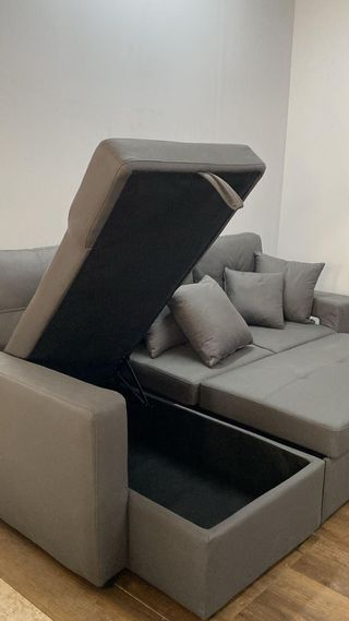 Sofá cama moderno con almacenamiento y puff - Beige y gris