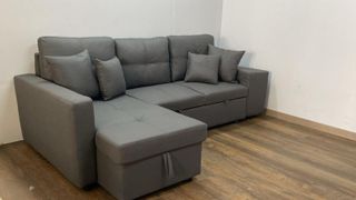 Sofá cama moderno con almacenamiento y puff - Beige y gris