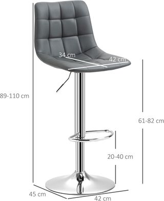 Conjunto de 2 Taburetes de Bar en Piel Sintética con Respaldo, Taburetes de Cocina y Salón Giratorios con Reposapiés, 42X45X89-110Cm, Gris