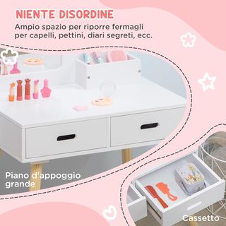 Conjunto de Tocador para Niños de Madera, Mesa de Maquillaje con Espejo y 2 Cajones y Taburete en Estilo Escandinavo, Blanco y Color Madera