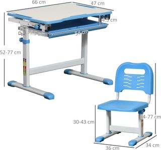 Banco Escolar para Niños de 6-12 Años Ajustable en Altura, Set de Escritorio y Silla para Niños con Tablero Inclinable 45°, Cajón, 2 Portalápices y Gancho, Azul
