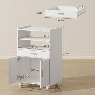Microondas con Ruedas, Mueble de Cocina con Cajón, Superficie para Electrodomésticos, Armario de 2 Puertas, Estante Extraíble y Estante Abierto, Carro de Cocina para Sala de Estar, 59X40X92Cm, Blanco