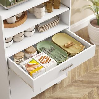 Microondas con Ruedas, Mueble de Cocina con Cajón, Superficie para Electrodomésticos, Armario de 2 Puertas, Estante Extraíble y Estante Abierto, Carro de Cocina para Sala de Estar, 59X40X92Cm, Blanco