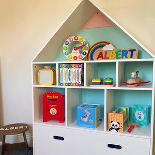 Librería Estante Portajuguetes para Habitación de Niños y Jóvenes con Estantes en Cubos Blanca, Dos Colores Cambiados, Azul y Rosa 82X30X126Cm