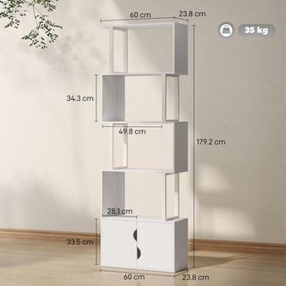 Estantería de 5 Niveles, Estantería Vertical Ahorra Espacio en Forma de S con Armario de 2 Puertas, Estante Divisor para Sala, Sala de Estar, Dormitorio y Oficina, 60X23.8X179.2Cm, Blanco