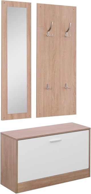 Juego de Muebles de Entrada 3 Piezas con Banco Zapatero, Perchero de Pared y Espejo, Armario para Dormitorio y Pasillo en Madera, 80X27X46.5 Cm Color Madera y Blanco