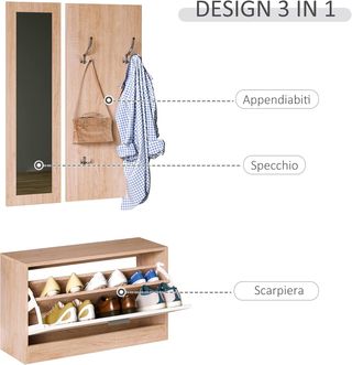 Juego de Muebles de Entrada 3 Piezas con Banco Zapatero, Perchero de Pared y Espejo, Armario para Dormitorio y Pasillo en Madera, 80X27X46.5 Cm Color Madera y Blanco