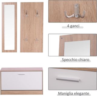 Juego de Muebles de Entrada 3 Piezas con Banco Zapatero, Perchero de Pared y Espejo, Armario para Dormitorio y Pasillo en Madera, 80X27X46.5 Cm Color Madera y Blanco