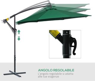 Sombrilla de Jardín 3X2.5 M de Brazo, Inclinable con Base Cruzada y Manivela, de Acero y Poliéster, Verde y Gris