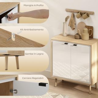 Credenza de Cocina Con 2 Puertas, Mueble de Cocina Moderno Con Estante Regulable Y Patas de Madera, Credenza Buffet para Sala de Estar, Comedor Y Salón, 72X35X77 Cm, Blanco Brillante Y Roble