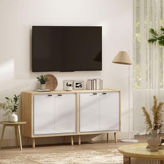 Credenza de Cocina Con 2 Puertas, Mueble de Cocina Moderno Con Estante Regulable Y Patas de Madera, Credenza Buffet para Sala de Estar, Comedor Y Salón, 72X35X77 Cm, Blanco Brillante Y Roble