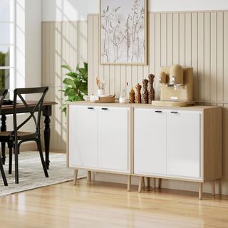 Credenza de Cocina Con 2 Puertas, Mueble de Cocina Moderno Con Estante Regulable Y Patas de Madera, Credenza Buffet para Sala de Estar, Comedor Y Salón, 72X35X77 Cm, Blanco Brillante Y Roble