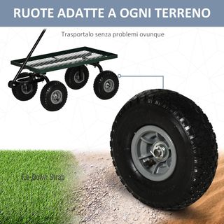 Carro De Jardín Con Mango Cubierto Y 4 Ruedas Grandes De Ø24 Cm, Carro De Exterior De Acero, Capacidad 150 Kg, 94X48.5X100 Cm, Negro Y Verde
