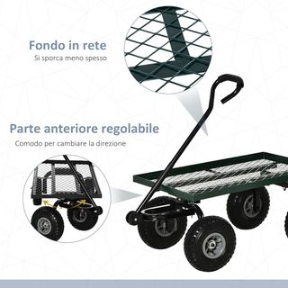 Carro De Jardín Con Mango Cubierto Y 4 Ruedas Grandes De Ø24 Cm, Carro De Exterior De Acero, Capacidad 150 Kg, 94X48.5X100 Cm, Negro Y Verde