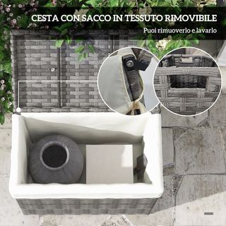 Baúl De Jardín en Rattan PE, Cofre De Exterior Con Patas Antideslizantes Y Recubrimiento Interno en Tejido Impermeable, 57X34X62Cm, Gris Y Beige