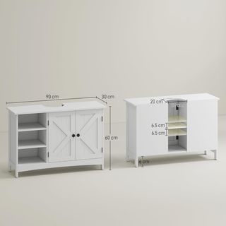 Mueble Bajo Lavabo de Suelo, Armario de Baño de 2 Puertas con 3 Estantes Abiertos en Madera Estilo Country, 90X30X60Cm, Blanco