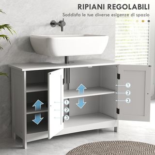 Mueble Bajo Lavabo de Suelo, Armario de Baño de 2 Puertas con 3 Estantes Abiertos en Madera Estilo Country, 90X30X60Cm, Blanco