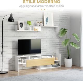 Mobile TV con scaffale a parete, ripiani aperti e armadio in legno, TV mobile moderna per soggiorno e camera da letto, bianco e legno