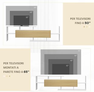 Mobile TV con scaffale a parete, ripiani aperti e armadio in legno, TV mobile moderna per soggiorno e camera da letto, bianco e legno