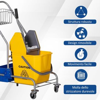 Carro de Limpieza Profesional Con Cesto Suspendido, Estante, Cubo de 25L para Fregar con Escurridor, Carro Multiusos Con Gancho para Hotel, Albergue y Restaurante, 72X49.5X95 Cm, Amarillo