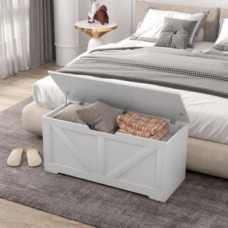 Banca de Madera con Cierres de Seguridad, Banco Contenedor Baúl para Juguetes Capacidad 127L para Entrada y Habitación, 100X40X45 Cm, Blanco