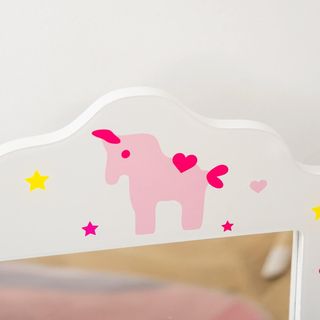 Mesa de Maquillaje para Niños con Taburete 2 en 1 Escritorio de Madera y Triple Espejo, Tocador de Maquillaje en MDF y Acrílico, 63X40X85.5 Cm, Blanco y Rosa