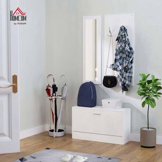 Juego de Muebles de Entrada 3 Piezas con Banco Zapatero, Perchero de Pared y Espejo, Armario para Dormitorio y Pasillo de Madera, 80X27X46.5 Cm, Blanco