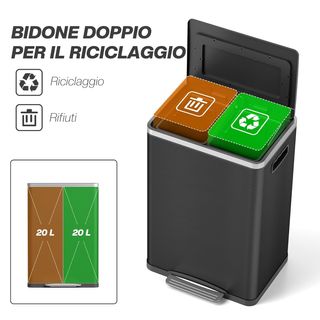 Cubos de Basura de 2 Secciones de 20L con Pedal y Tapa de Cierre Suave, Cubo de Basura de Acero Inoxidable y PP, 40X34.8X59 Cm, Negro