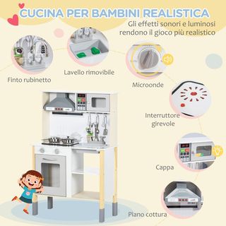 HOMCOM Cocina Juguete para Niños Con Altura Regulable, Efectos Sonoros, Luces Y Utensilios, en MDF Y PP, 60X30.5X93.2 Cm, Gris Y Blanco