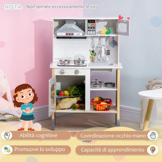 HOMCOM Cocina Juguete para Niños Con Altura Regulable, Efectos Sonoros, Luces Y Utensilios, en MDF Y PP, 60X30.5X93.2 Cm, Gris Y Blanco
