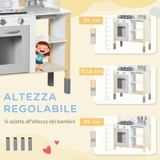 HOMCOM Cocina Juguete para Niños Con Altura Regulable, Efectos Sonoros, Luces Y Utensilios, en MDF Y PP, 60X30.5X93.2 Cm, Gris Y Blanco