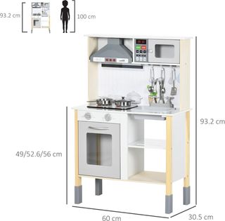 HOMCOM Cocina Juguete para Niños Con Altura Regulable, Efectos Sonoros, Luces Y Utensilios, en MDF Y PP, 60X30.5X93.2 Cm, Gris Y Blanco