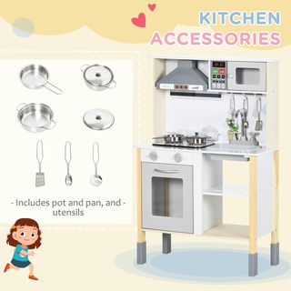 HOMCOM Cocina Juguete para Niños Con Altura Regulable, Efectos Sonoros, Luces Y Utensilios, en MDF Y PP, 60X30.5X93.2 Cm, Gris Y Blanco