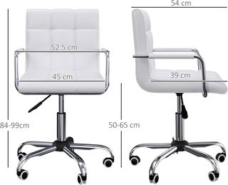 Silla de Oficina en Piel PU Blanca Con 5 Ruedas Giratorias, Acolchado y Altura Regulable, 52.5X54X84-99Cm