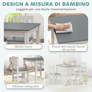 Conjunto de Mesa y 2 Sillas para Niños de 3 a 8 Años, Mesa para Niños con Sillas con Respaldo de Listones, Esquinas Redondeadas, en Madera de Pino y MDF para Habitaciones Infantiles y Salones, Gri...