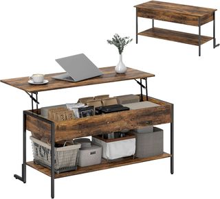 Mesa de Café Elevable con Compartimento Oculto y Estante Inferior, Mesa de Salón de Estilo Industrial en Madera y Metal, Marrón Rústico