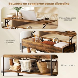 Mesa de Café Elevable con Compartimento Oculto y Estante Inferior, Mesa de Salón de Estilo Industrial en Madera y Metal, Marrón Rústico
