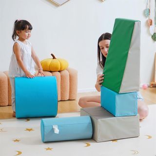 Juego de Construcción Suave para Niños de 1 a 3 Años con 5 Bloques de Colores, Set de Juego de Bloques Suaves para Niños en Cuero Sintético y Espuma, Marrón, Caqui, Azul, Verde y Celeste