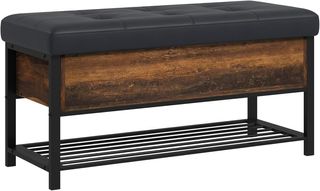 Banco Zapatero De Entrada Industrial Con Estante Oculto Y Asiento Acolchado, Mueble Para Zapatos En Aglomerado Y Acero, 100X40X50 Cm, Marrón Y Negro