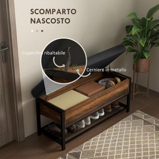 Banco Zapatero De Entrada Industrial Con Estante Oculto Y Asiento Acolchado, Mueble Para Zapatos En Aglomerado Y Acero, 100X40X50 Cm, Marrón Y Negro