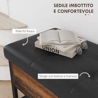 Banco Zapatero De Entrada Industrial Con Estante Oculto Y Asiento Acolchado, Mueble Para Zapatos En Aglomerado Y Acero, 100X40X50 Cm, Marrón Y Negro