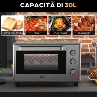 Horno Eléctrico 30L, Mini Horno Eléctrico Con 3 Funciones De Cocción, Temperatura Regulable Y Temporizador, Incluye Bandeja Y Rejilla, 1600W, Plata