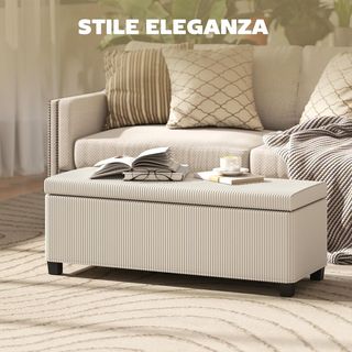 Banca Contenedor 84L Puff Reposapies 112X42X40 Cm, Ottomano Banca Contenedor Dormitorio en Terciopelo Acanalado, Estructura de Acero, Capacidad 220 Kg, para Sala de Estar y Entrada, Beige