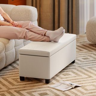 Banca Contenedor 84L Puff Reposapies 112X42X40 Cm, Ottomano Banca Contenedor Dormitorio en Terciopelo Acanalado, Estructura de Acero, Capacidad 220 Kg, para Sala de Estar y Entrada, Beige