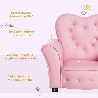 Sillón para Niños Acolchado, Silla para Habitación con Tapizado de PVC y Estructura de Madera, 59X41.5X49Cm, Rosa