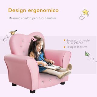 Sillón para Niños Acolchado, Silla para Habitación con Tapizado de PVC y Estructura de Madera, 59X41.5X49Cm, Rosa